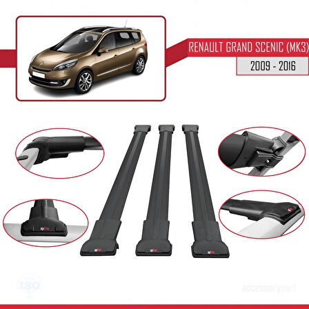Renault Grand Scenic 3 2009-2016 Arası ile Uyumlu FLY Model Ara Atkı Tavan Barı Siyah 3 Adet