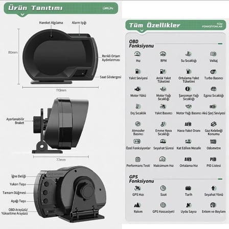 Dacia Sandero II 2012-2020 Uyumludur OBD2 GPS Hız Devir Gösterge Ekranı