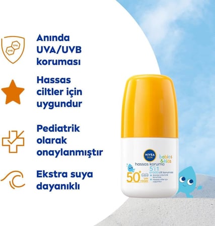 NIVEA Sun Spf 50+ Bebek Ve Çocuk İçin Hassas Koruma Güneş Koruyucu Roll-On 50Ml,Suya Dayanıklı,Hassas Cilt
