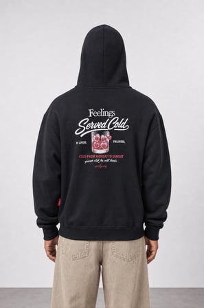 Erkek Served Cold Baskılı Oversize Hoodie Siyah