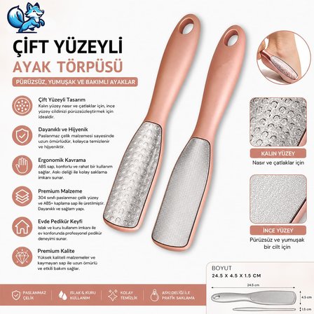 Çift Taraflı Ayak Törpüsü – Paslanmaz Çelik Nasır ve Topuk Çatlağı Törpüsü, Ergonomik Saplı, Islak/Kuru Kullanıma Uygun, Ev Tipi Pedikür Ayak Ovucu