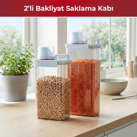 2'li Büyük Boy Saklama Kabı – Ölçekli Kapak, Sızdırmaz Erzak Bakliyat ve Deterjan İçin Çok Amaçlı Set