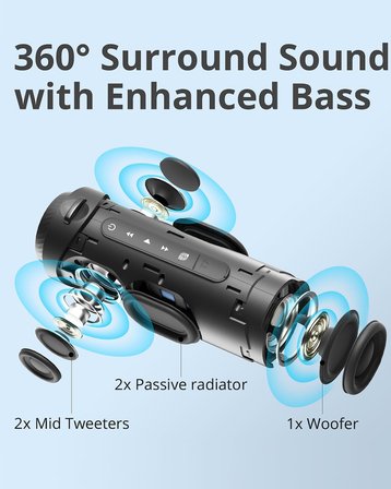 T7 Taşınabilir Bluetooth Hoparlör 360° Surround Ses, Uygulama Üzerinden Özel EQ, IPX7 Su Geçirmez, Çift Eşleştirme, LED Işık, Bluetooth 5.3, Döner Ses Kontrolü, Micro SD/TF Kart