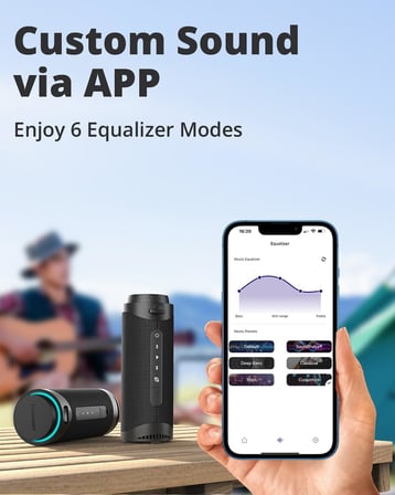 T7 Taşınabilir Bluetooth Hoparlör 360° Surround Ses, Uygulama Üzerinden Özel EQ, IPX7 Su Geçirmez, Çift Eşleştirme, LED Işık, Bluetooth 5.3, Döner Ses Kontrolü, Micro SD/TF Kart
