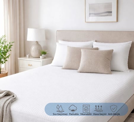Yumoş Pamuklu Fitted Alez, Sıvı Geçirmez, Hava Geçirir, Lastikli, Anti Alerjik, Beyaz (160x200)