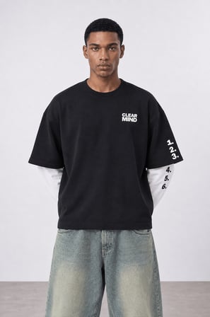Erkek Double Sleeve Oversize Sweatshirt Siyah
