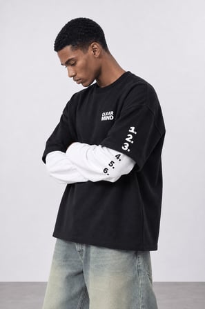 Erkek Double Sleeve Oversize Sweatshirt Siyah