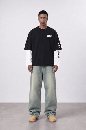 Erkek Double Sleeve Oversize Sweatshirt Siyah