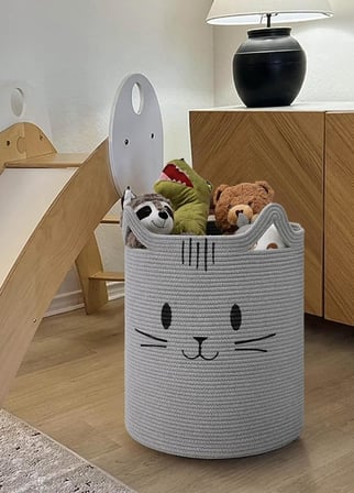 ÇİZGİBIYIK JÜT Sevimli Kedi Desenli Çocuk Odası Sepeti Oyuncak ve Çamaşır Düzenleyici Katlanabilir Büyük Organizer Geniş Hacimli Kirli Sepeti Giyisi Battaniye Depolayıcısı (GRİ)