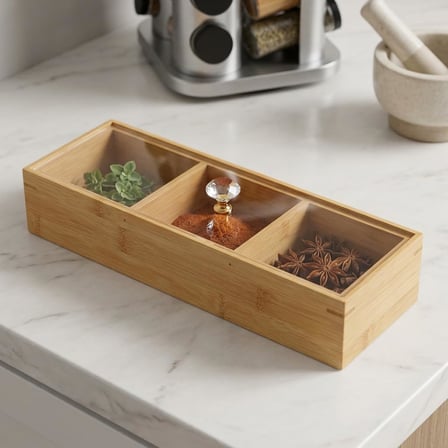 Bambu 3 Bölmeli Kristal Kapaklı Sunumluk, Kuru Meyve, Kuru Yemiş ve Drajeleriniz İçin 3 Bölmeli Dikdörtgen Sunum Tepsisi ve Tabağı 30cm*10cm*6,5cm