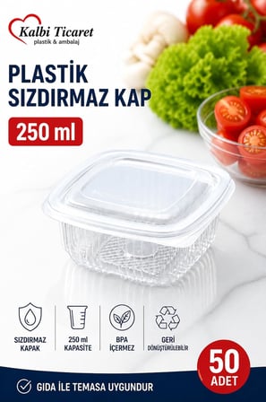 Plastik Saklama Kabı 250 gr 50 Adet Plastik Kapaklı Kase Sızdırmaz Kap Şeffaf Kullan At Kase
