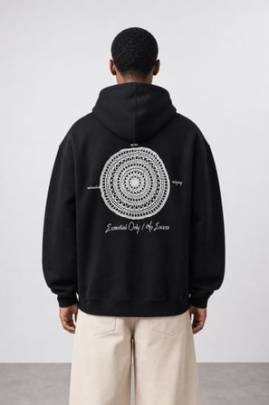 Erkek Essentials Nakışlı Oversize Hoodie Siyah