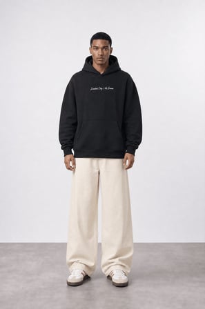 Erkek Essentials Nakışlı Oversize Hoodie Siyah