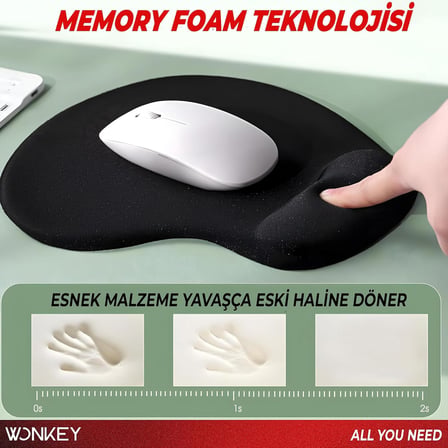 WONKEY - Bilek Destekli Mouse Pad, Memory Foam Hafızalı Süngerli Ergonomik Fare Altlığı, Kaymaz Tabanlı Mousepad, Ofis, Bilgisayar ve Laptop Kullanımına Uygun Masa Pedi