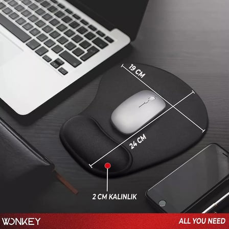 WONKEY - Bilek Destekli Mouse Pad, Memory Foam Hafızalı Süngerli Ergonomik Fare Altlığı, Kaymaz Tabanlı Mousepad, Ofis, Bilgisayar ve Laptop Kullanımına Uygun Masa Pedi