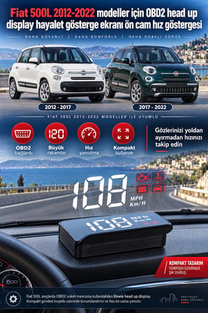 Fiat 500L 2012-2022 modeller için OBD2 head up display hayalet gösterge ekranı ön cam hız göstergesi