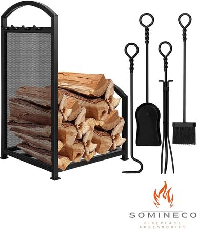 5 Li Ithal Metal Odunluklu Tel Detaylı Şömine-Soba Maşa Takımı Aksesuar Seti SS-0012