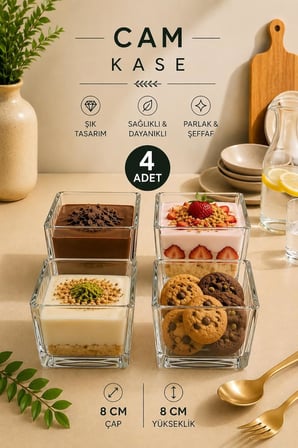 4 Adet Viana Çok Amaçlı Kare Magnolia Cup Tatlı Çerez Dondurma Kasesi 8x8 Cm