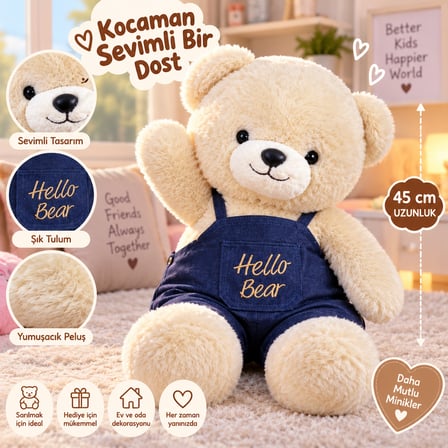 45 cm Peluş Ayıcık Hello Bear – Sevimli Yumuşak Oyuncak Ayı