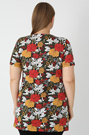 Haki Desenli Kısa Kollu Kadın Büyük Beden Pamuklu T-shirt