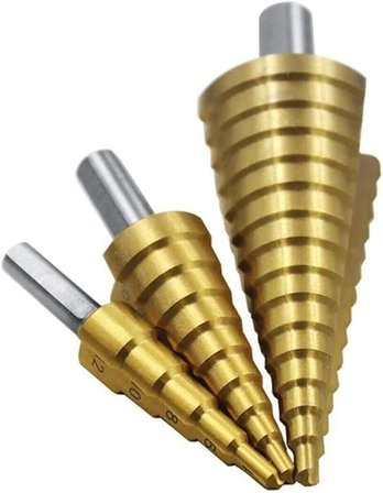 3’lü Kademeli Matkap Ucu Seti – Huni Şekilli Paslanmaz Çelik Sac Delme Uçları, Alüminyum, Demir, Sac Metal ve İnce Levha Delme İçin Step Drill Panç Seti