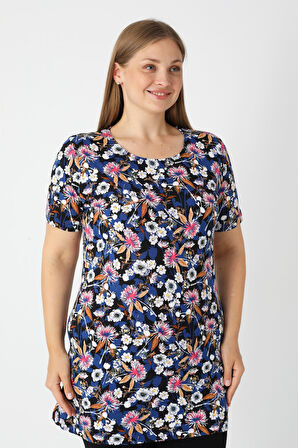 Kadın Büyük Beden Pamuklu Desenli Kısa Kollu T-Shirt