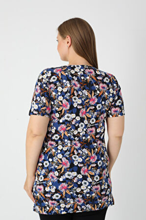 Kadın Büyük Beden Pamuklu Desenli Kısa Kollu T-Shirt