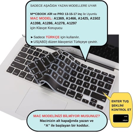 MacBook Silikon Klavye Kaplama Air Pro Eski USB li Modeller 2008-2017 Uyumlu Ultra İnce Koruyucu Film US Amerikan İngilizce-Dikdörtgen Enter-MacBook Us-To-Tr Klavye Siyah