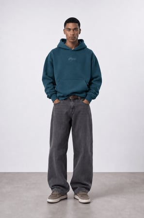 Erkek Rosette Nakışlı Oversize Hoodie Zümrüt