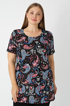 Haki Desenli Kısa Kollu Kadın Büyük Beden Pamuklu T-shirt