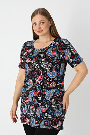 Haki Desenli Kısa Kollu Kadın Büyük Beden Pamuklu T-shirt