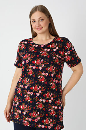 Haki Desenli Kısa Kollu Kadın Büyük Beden Pamuklu T-shirt