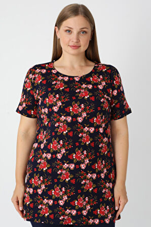 Haki Desenli Kısa Kollu Kadın Büyük Beden Pamuklu T-shirt