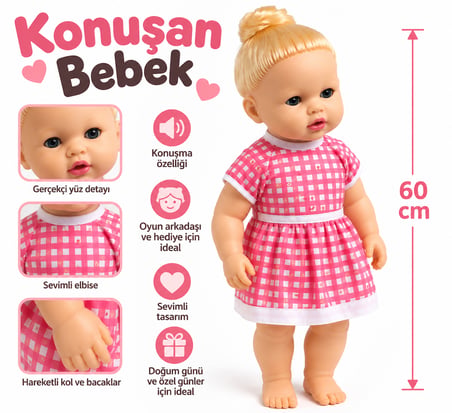 60 cm Konuşan Bebek – Pembe Kareli Elbiseli Gerçekçi Oyuncak Bebek