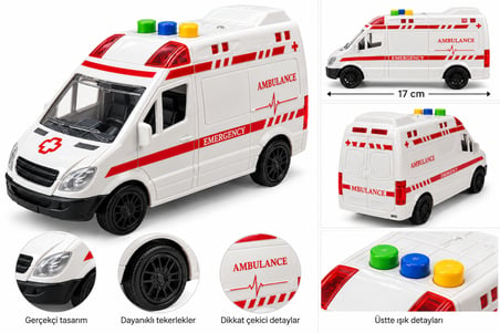 Duman Işıklı ve Sesli Sürtmeli Oyuncak Ambulans 17 cm