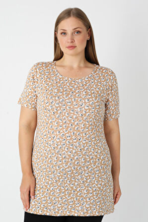 Haki Desenli Kısa Kollu Kadın Büyük Beden Pamuklu T-shirt