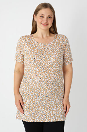 Haki Desenli Kısa Kollu Kadın Büyük Beden Pamuklu T-shirt