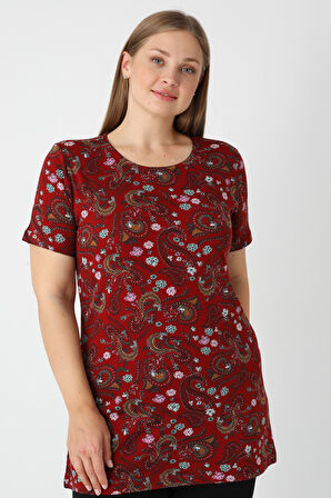 Haki Desenli Kısa Kollu Kadın Büyük Beden Pamuklu T-shirt