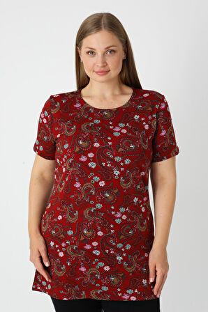 Haki Desenli Kısa Kollu Kadın Büyük Beden Pamuklu T-shirt