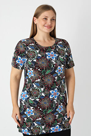 Haki Desenli Kısa Kollu Kadın Büyük Beden Pamuklu T-shirt
