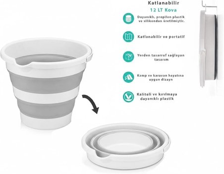 12 Litre Katlanabilir Kova – Akordiyon Tasarımlı Katlanır Temizlik ve Araç Yıkama Kovası, Gri Renk, Bebek Yıkama ve Ev İçi Kullanıma Uygun Portatif Kova Su Kovası
