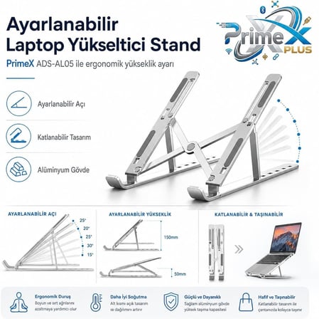 PrimeX ADS-AL05 Alüminyum Ayarlı Laptop Standı, MacBook Notebook Yükseltici Tutucu, Katlanabilir Taşınabilir Ergonomik Laptop Altlığı, 10-16 İnç Uyumlu, Kaymaz Silikon Destekli Gümüş Stand