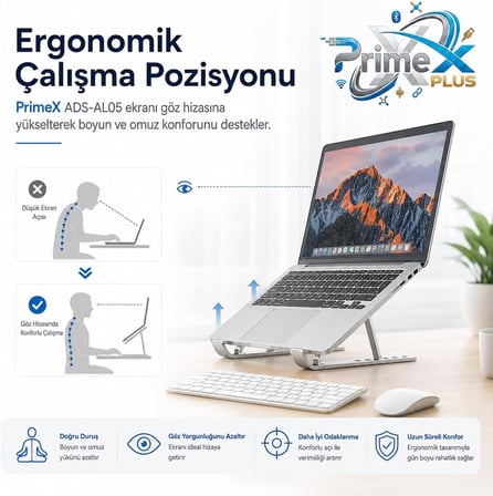 PrimeX ADS-AL05 Alüminyum Ayarlı Laptop Standı, MacBook Notebook Yükseltici Tutucu, Katlanabilir Taşınabilir Ergonomik Laptop Altlığı, 10-16 İnç Uyumlu, Kaymaz Silikon Destekli Gümüş Stand