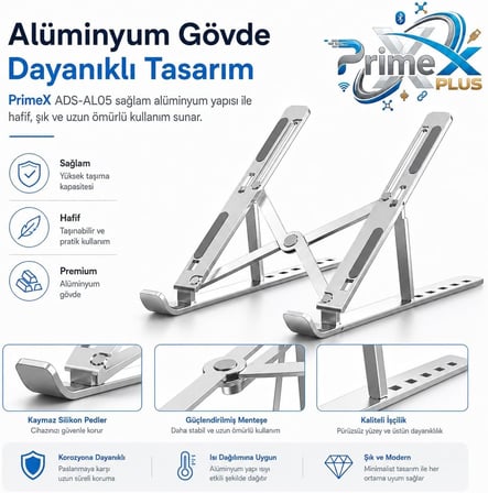 PrimeX ADS-AL05 Alüminyum Ayarlı Laptop Standı, MacBook Notebook Yükseltici Tutucu, Katlanabilir Taşınabilir Ergonomik Laptop Altlığı, 10-16 İnç Uyumlu, Kaymaz Silikon Destekli Gümüş Stand