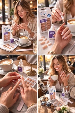 Gel Takma Tırnak Seti 12 Adet Kendinden Yapışkanlı Press-On Nails, Doğal Görünüm, Dayanıklı ve Kolay Uygulama, Evde Profesyonel Manikür, Brush On Nail Glue Yapıştırıcı Dahil