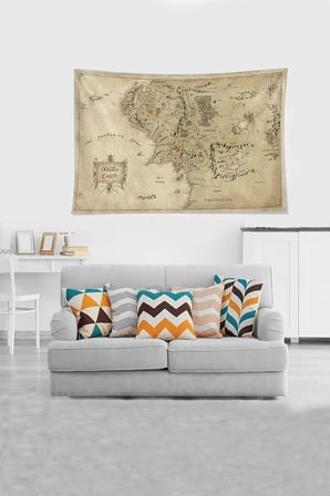 Bej Middle Earth Orta Dünya Haritası Leke Tutmaz Kadife Kumaş Duvar Örtüsü Duvar Halısı Tapestry YWLL389, 140 x 230