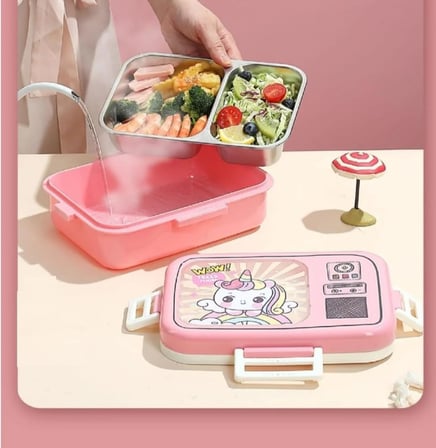Paslanmaz Çelik Desenli Beslenme Kutusu - 820 ml Renkli ve Eğlenceli Çocuk Beslenme Kabı (Pembe)