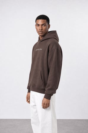 Erkek Essentials Nakışlı Oversize Hoodie Kahve