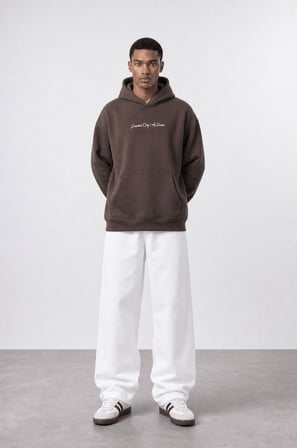 Erkek Essentials Nakışlı Oversize Hoodie Kahve