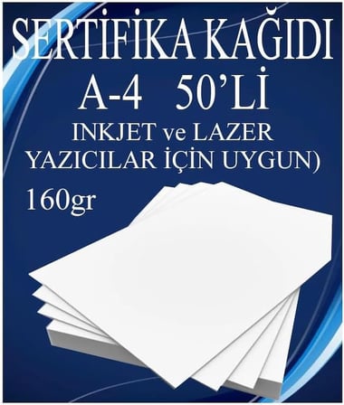 A4 Sertifika Kağıdı Kalın 50 Adet Gramajlı Fotokopi Kağıdı 160 gr Tüm Yazıcılara Uyumlu 21x29.7 cm Kalın Baskı Kağıdı